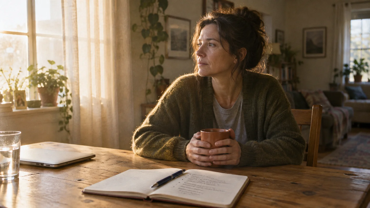 A thoughtful woman sits at a wooden table holding a mug beside a notebook, laptop, and sunlit window.