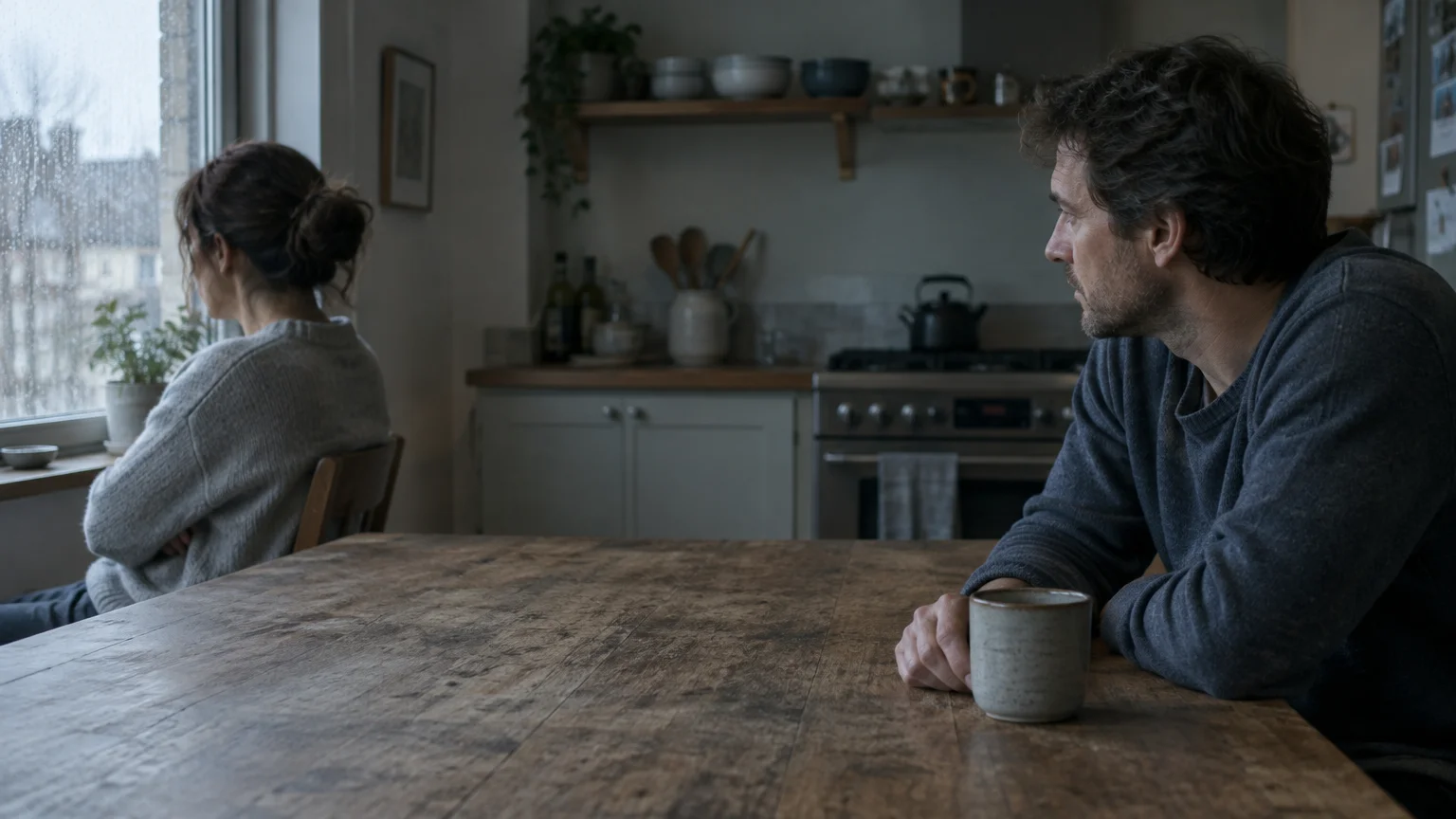A man sits at a rustic wooden table with a mug, watching a woman who faces away toward a rainy window.