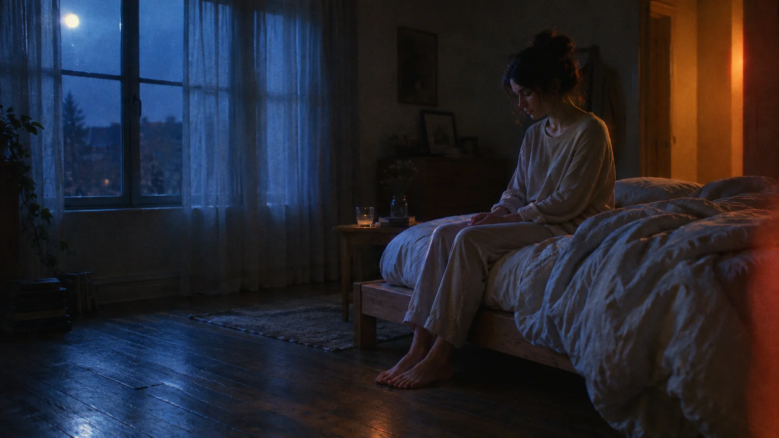 A woman sitting barefoot on the edge of an unmade bed at night, illuminated by blue moonlight from a window.