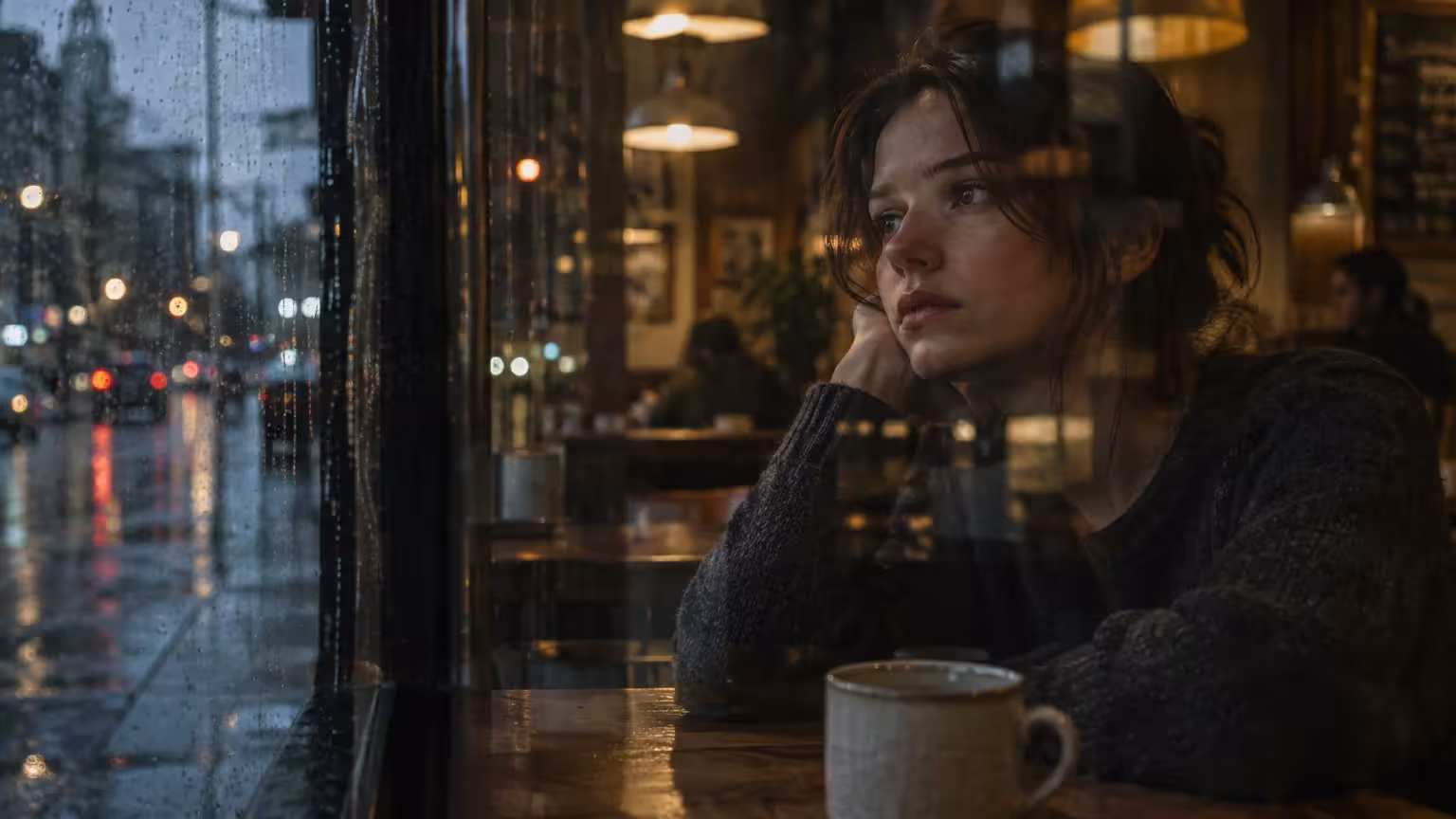 A contemplative woman sits inside a dimly lit coffee shop, resting her chin on her hand beside a rainy window.