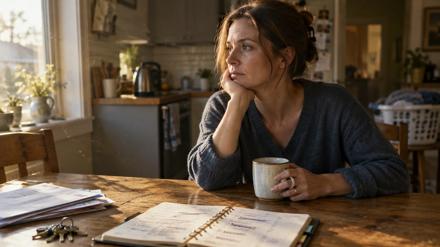 A thoughtful woman rests her chin on her hand, holding a coffee mug at a kitchen table with an open planner.