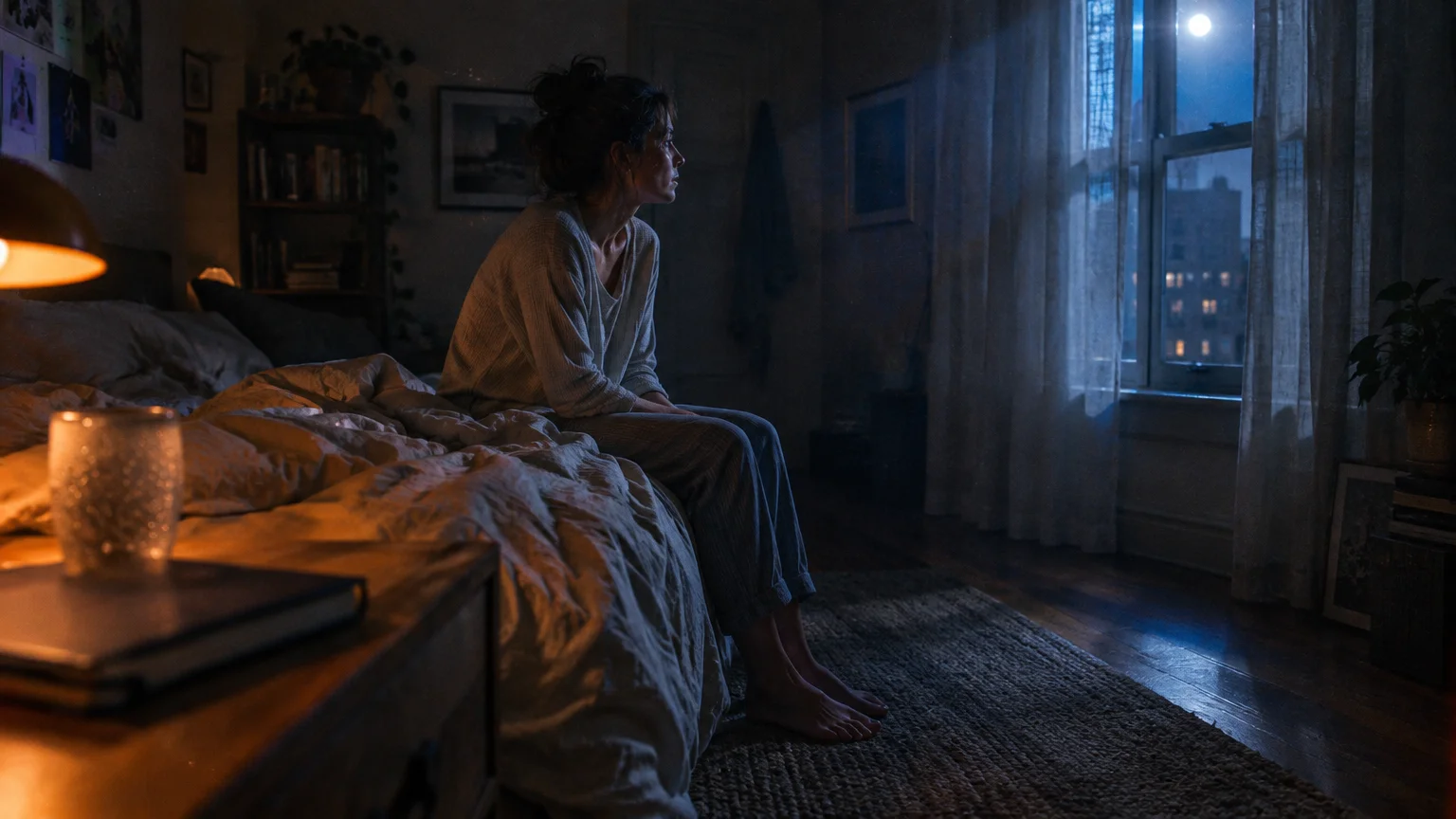 A woman in pajamas sits awake on the edge of an unmade bed at night, gazing toward a moonlit window.