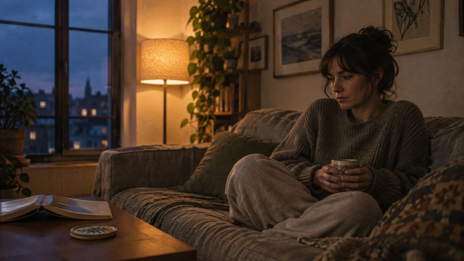 A woman sitting curled up on a sofa holding a mug in a warmly lit living room at dusk.