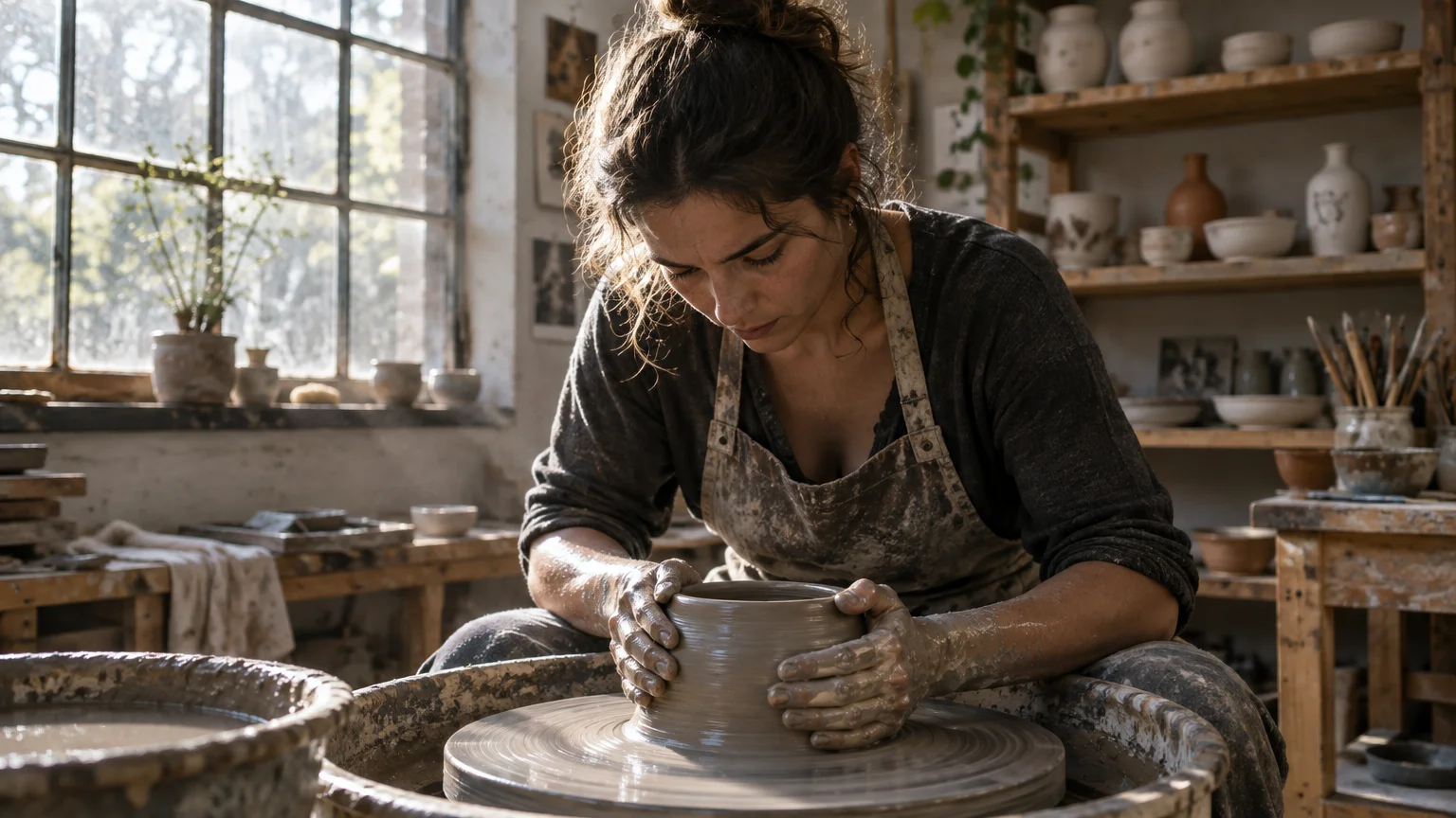 A woman in an apron intently shapes wet clay on a spinning pottery wheel in a sunlit artist workshop.