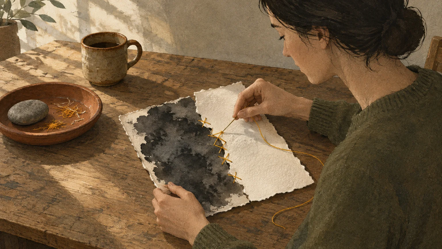 Illustration of a woman at a wooden table sewing together a torn piece of paper with yellow thread.