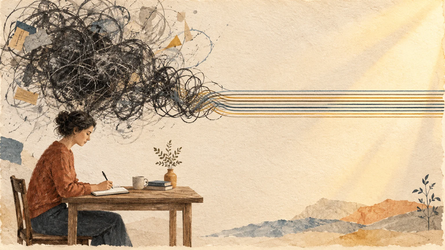 Illustration of a woman journaling at a wooden desk while tangled dark scribbles above her untangle into straight lines.