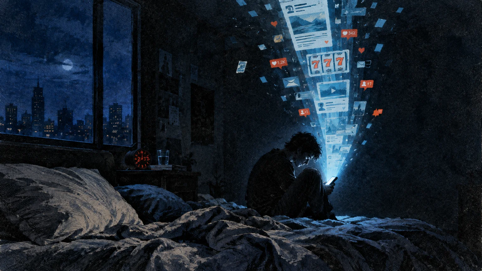Person sitting on a dark bed at night as their glowing smartphone projects social media posts and slot machine icons.
