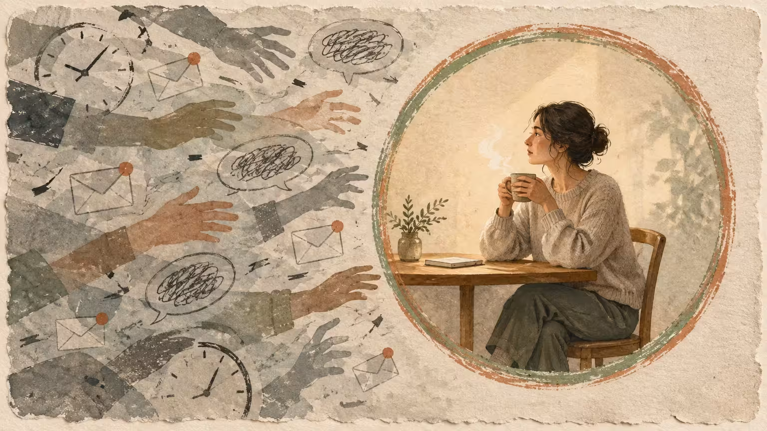 Illustration of a woman drinking tea in a calm bubble, shielded from chaotic grasping hands and notification symbols.