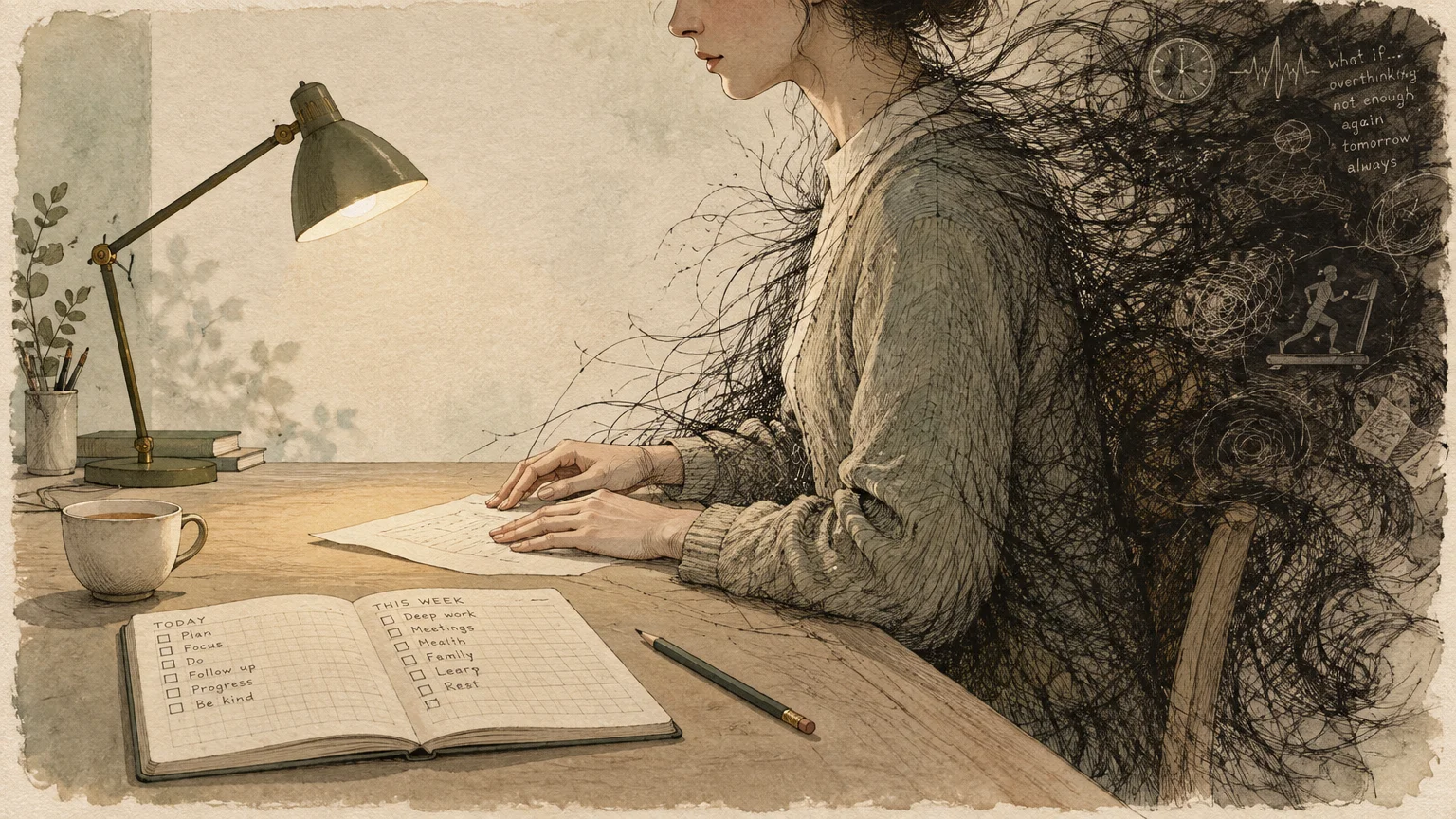 Illustration of a woman at an organized desk, her back dissolving into a chaotic mass of scribbled dark lines.
