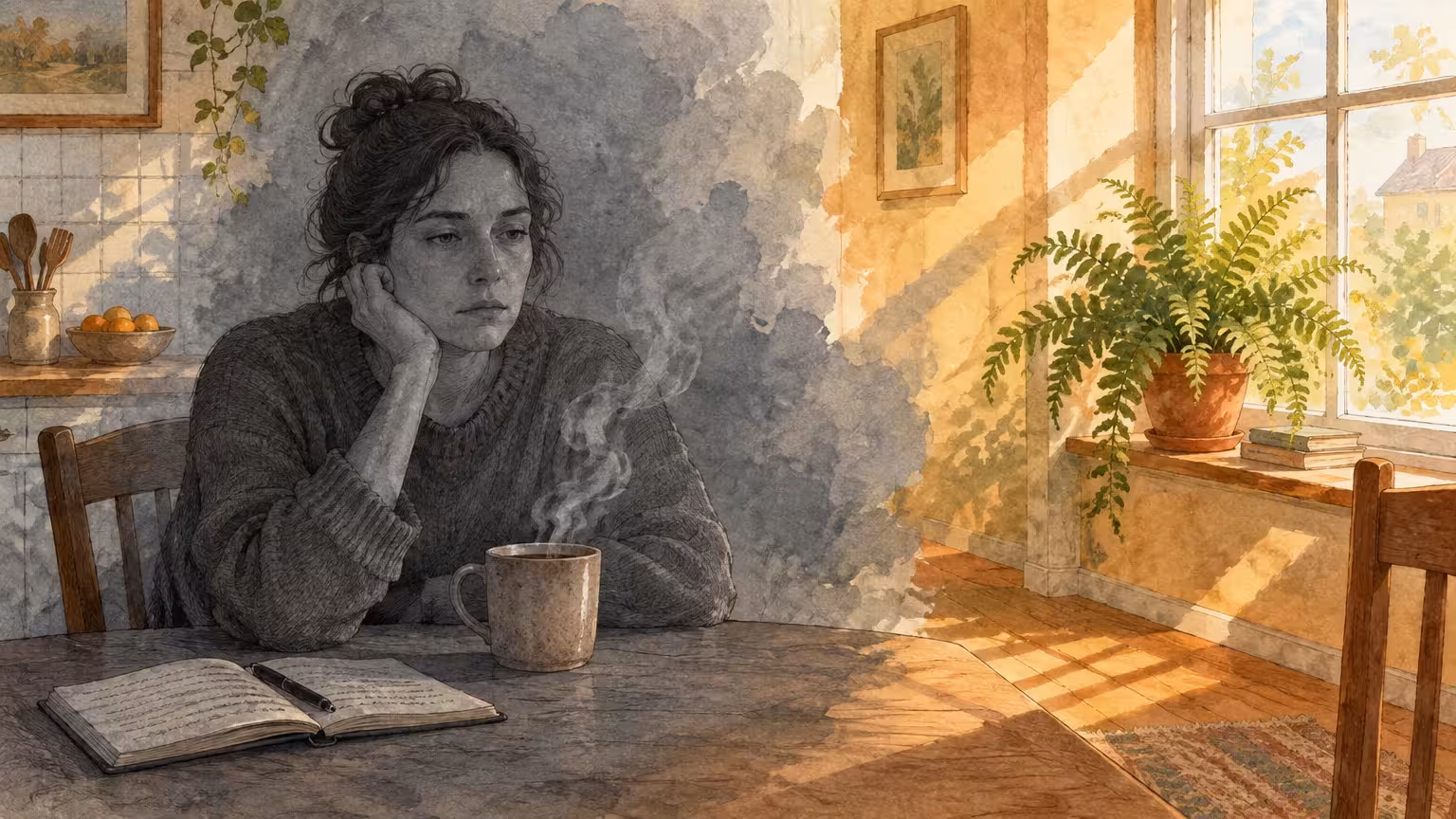 Illustration of a woman in grayscale sitting at a table with coffee and a journal, surrounded by a sunny, warm kitchen.