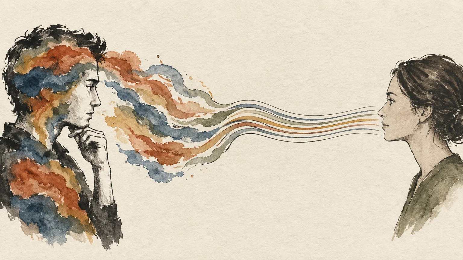 Watercolor sketch of a man and woman in profile, connected by flowing colorful streams linking his mind to her face.
