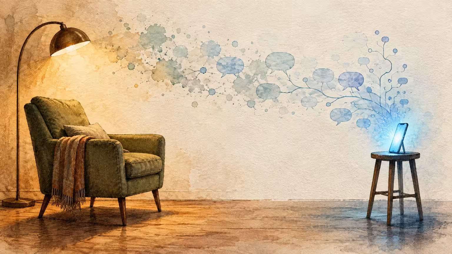 Watercolor of an empty armchair opposite a glowing phone on a stool, releasing a stream of blue speech bubbles.