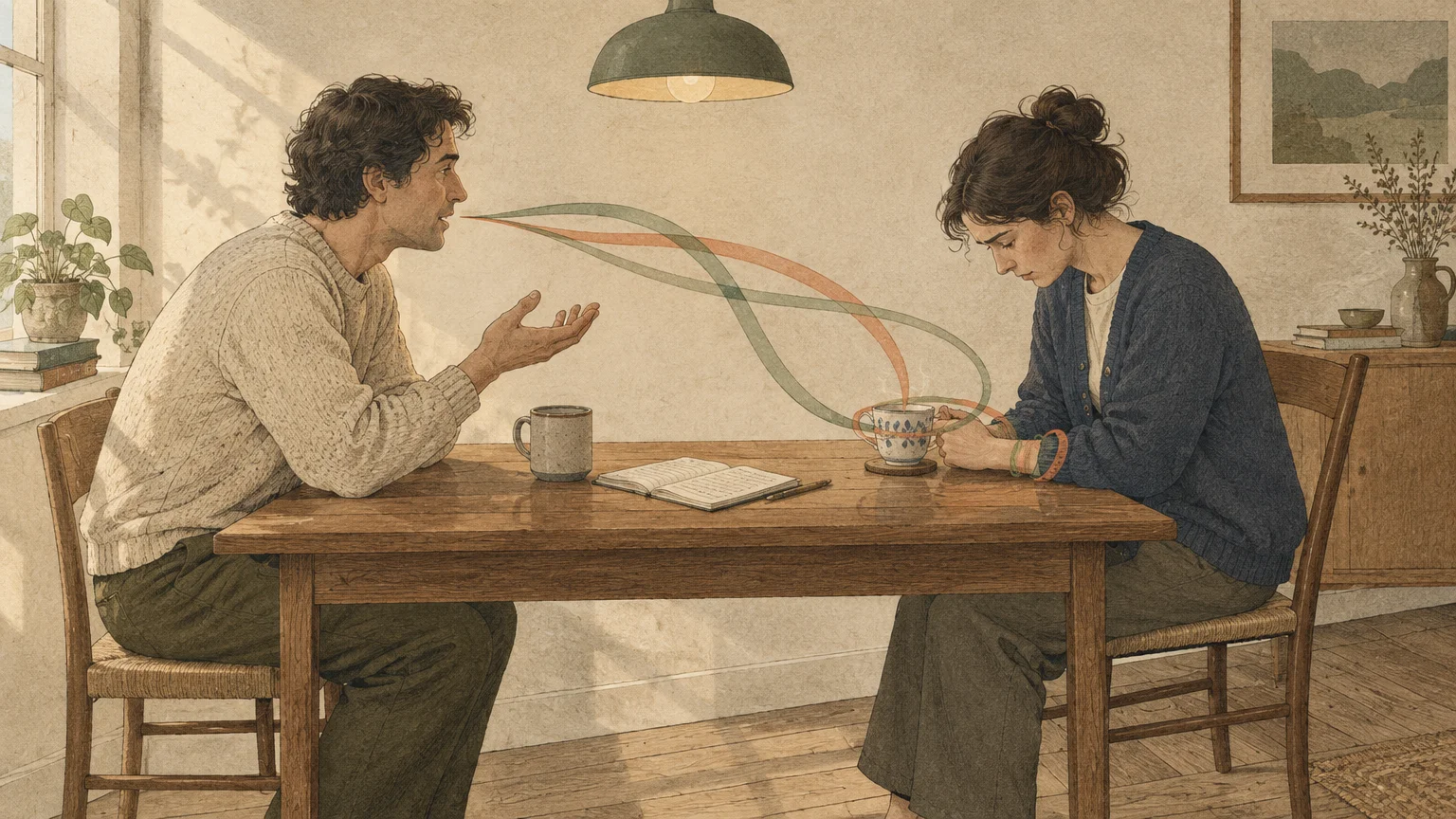 A man talks across a table to a downcast woman as colored vapor from his mouth wraps around her hands.