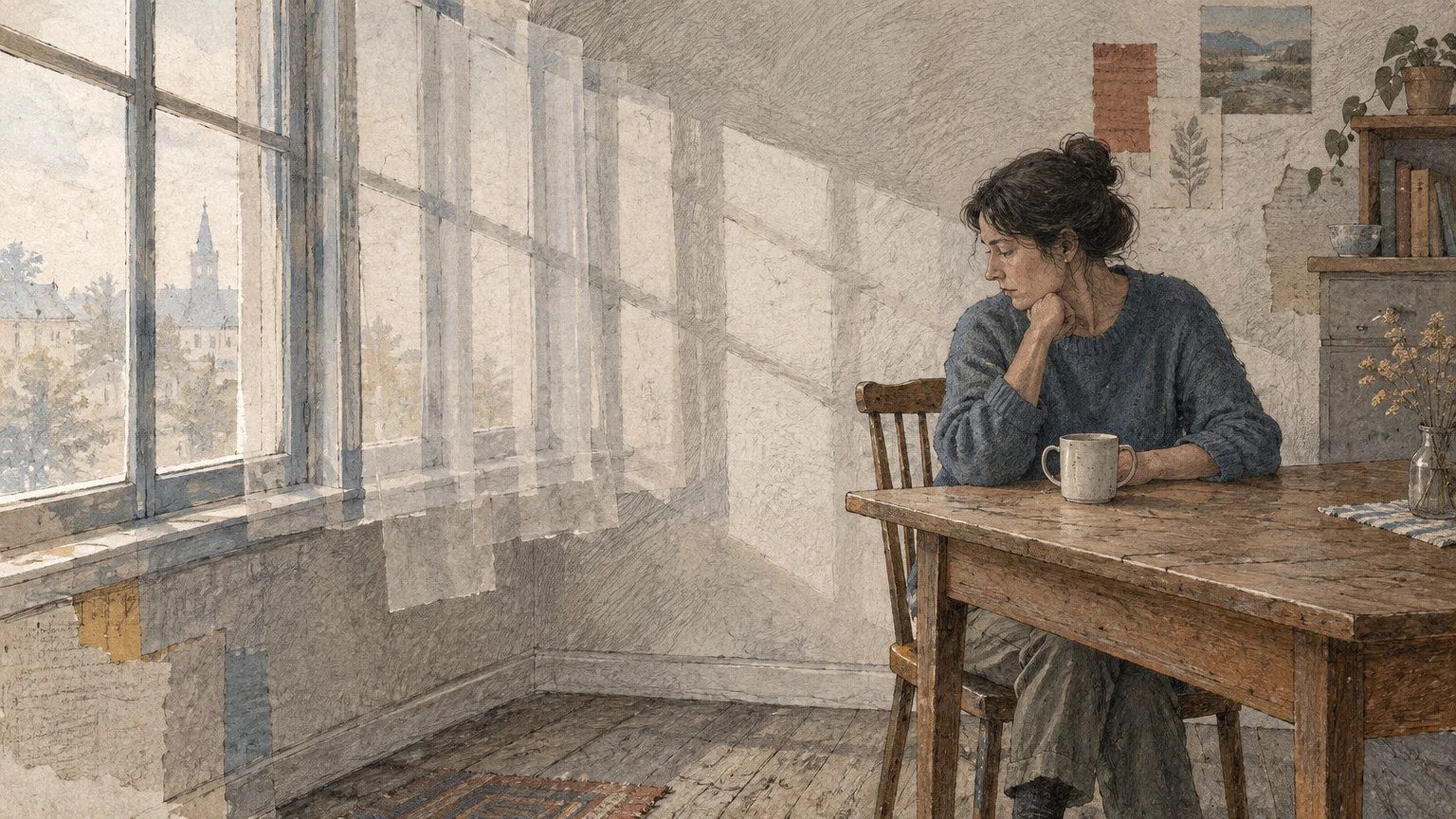 Illustration of a contemplative woman seated at a wooden table beside a window casting layered, phantom shadows on the wall.