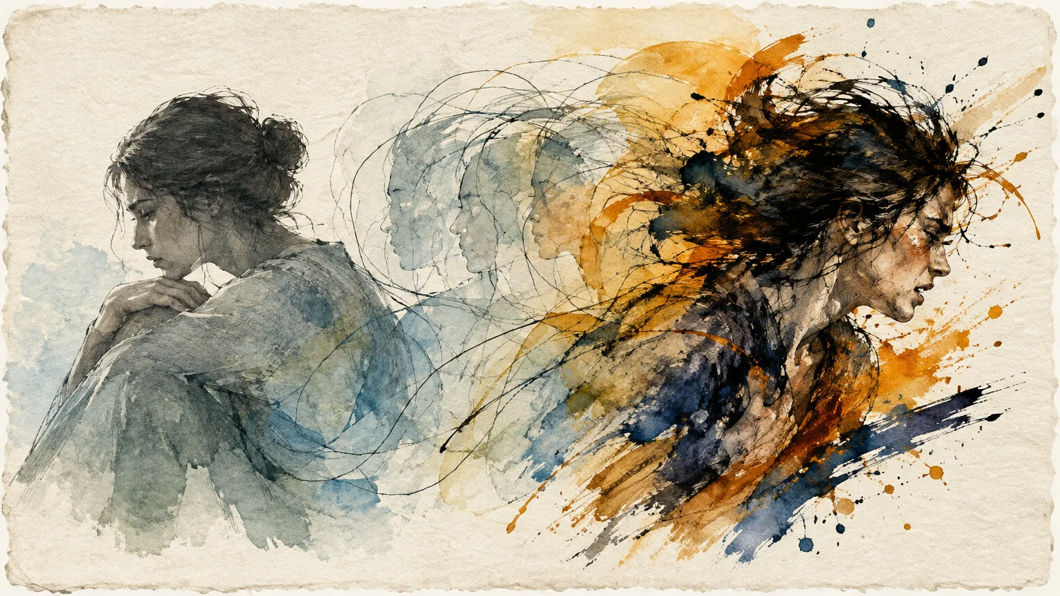 Watercolor illustration of a woman transitioning from a curled, somber posture into an explosive, emotional expression.