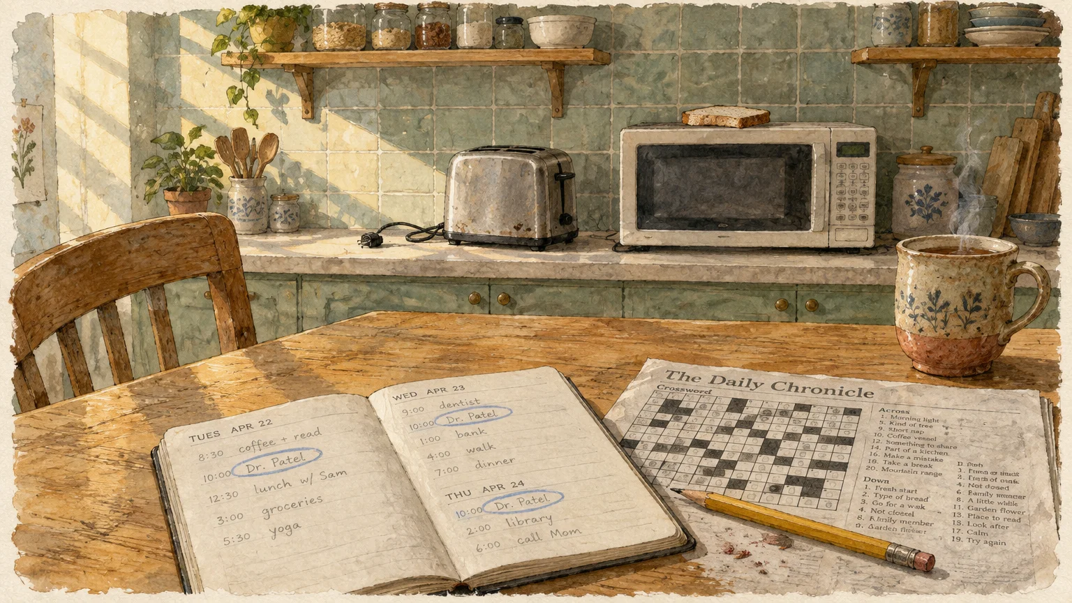Illustration of a kitchen table with a crossword puzzle, steaming mug, and open planner showing repeated doctor appointments.