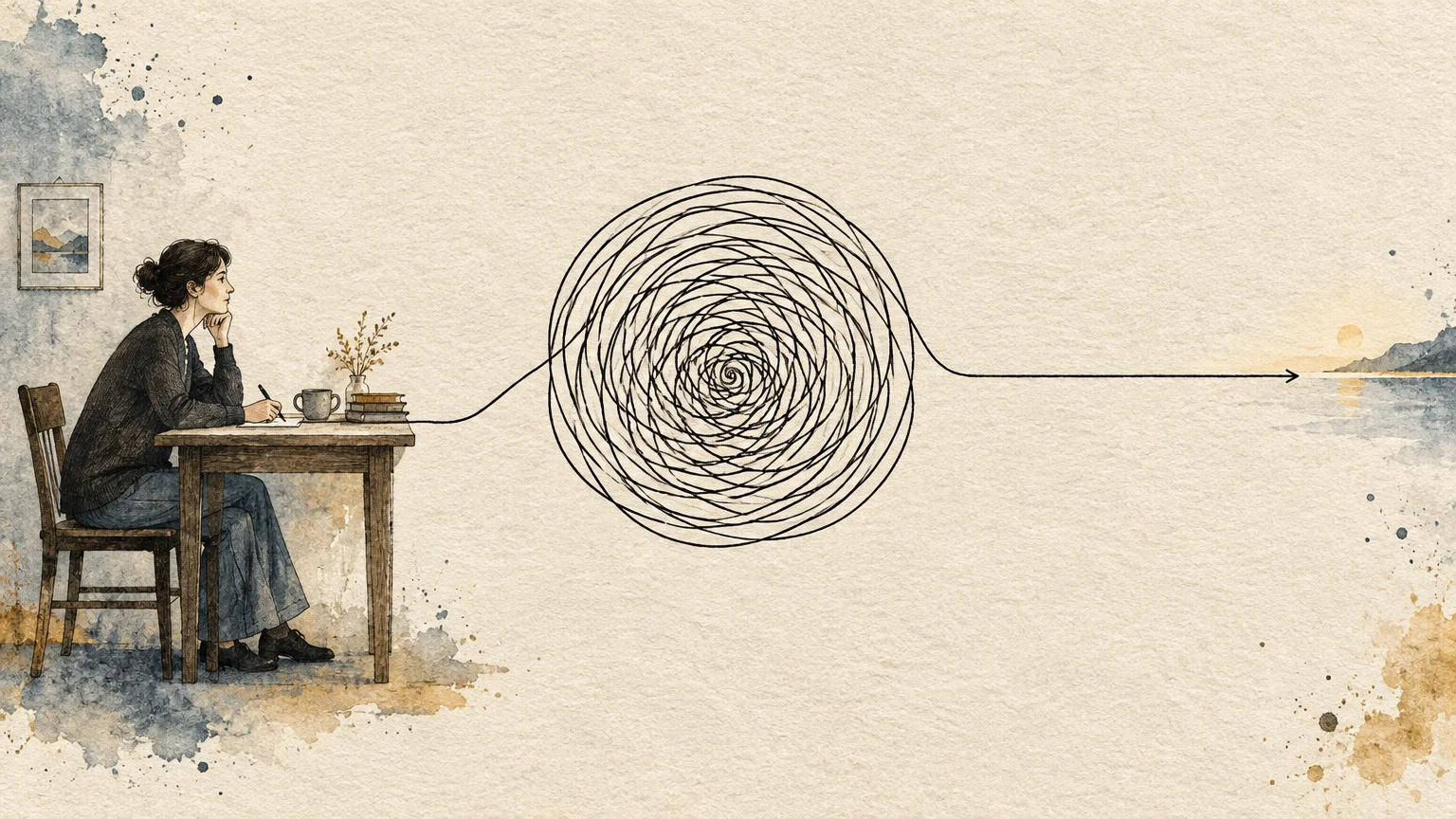 A woman at a desk linked by a tangled line that straightens into an arrow pointing toward a calm sunset.