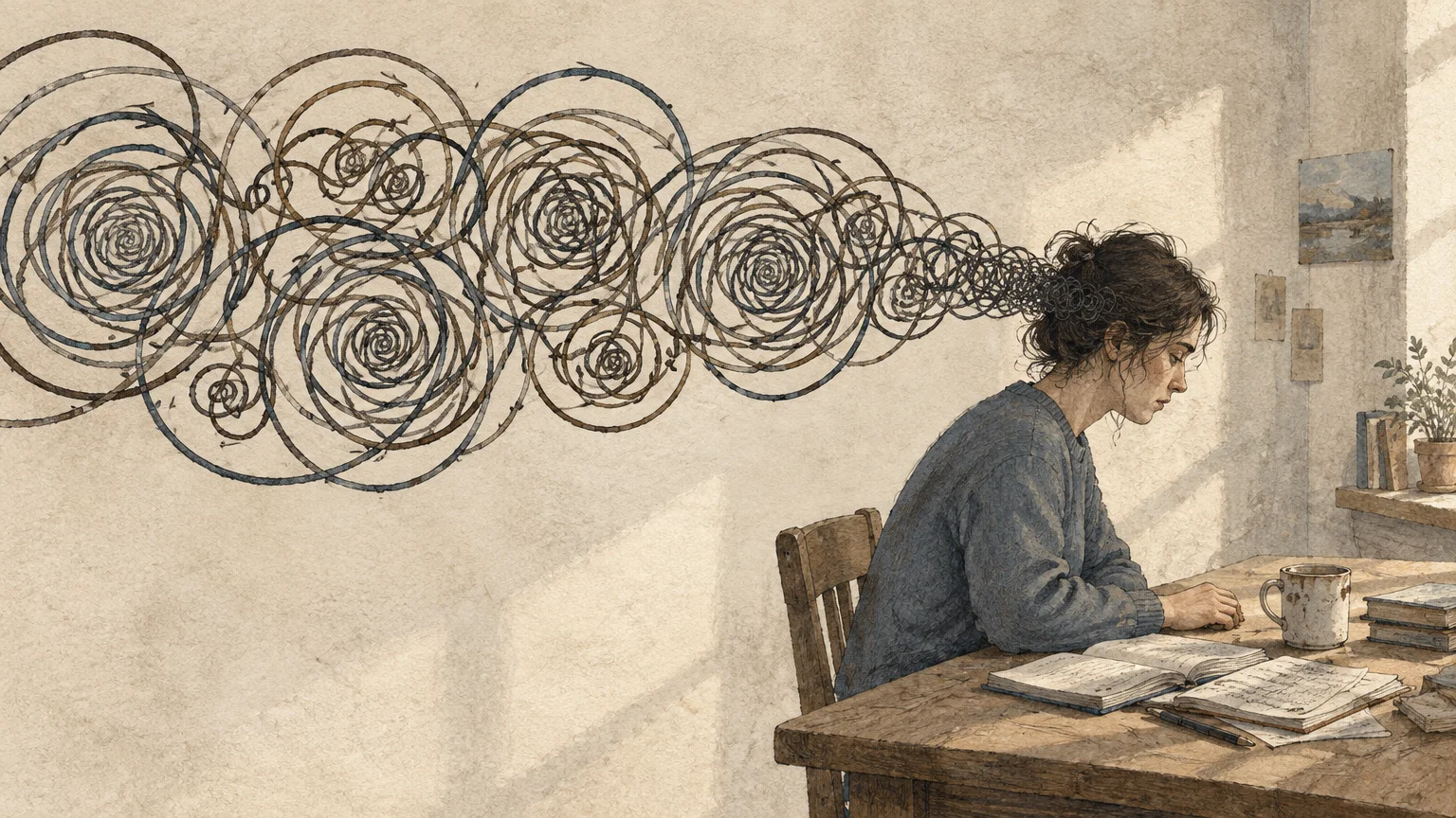 Illustration of a woman sitting at a wooden desk with a cloud of intricate spiraling loops flowing from her head.