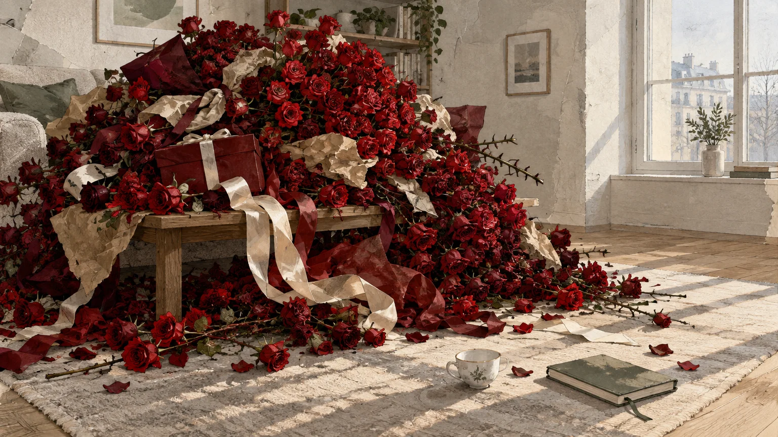 Massive pile of red roses overflowing from a coffee table onto the rug of a bright, sunlit living room.