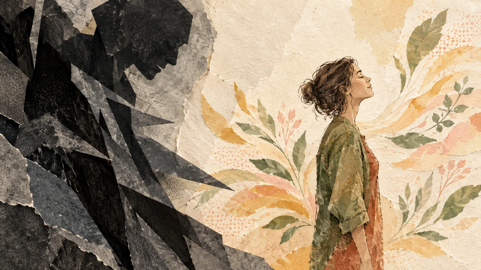 Mixed-media collage of a dark, jagged silhouette looming beside a serene woman surrounded by colorful floral leaves.