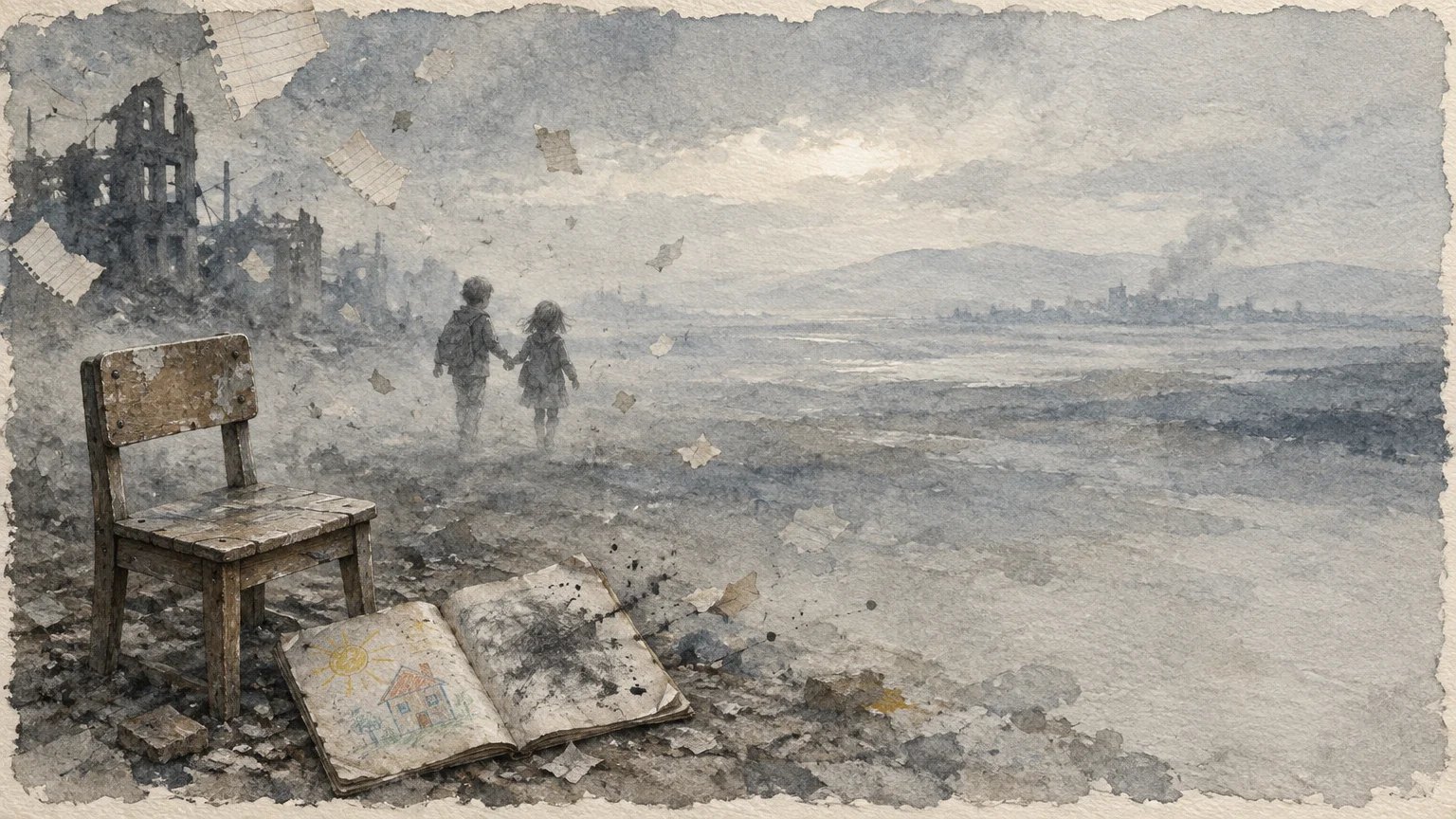Watercolor illustration of two children walking through war ruins past an empty wooden chair and an open sketchbook.