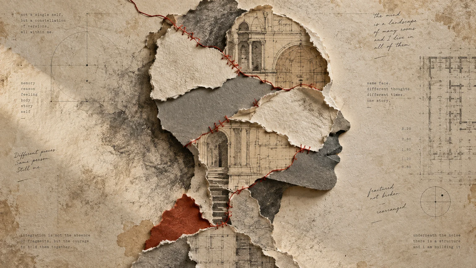 Mixed-media collage profile of a face formed from torn paper fragments, architectural sketches, and red stitched thread.