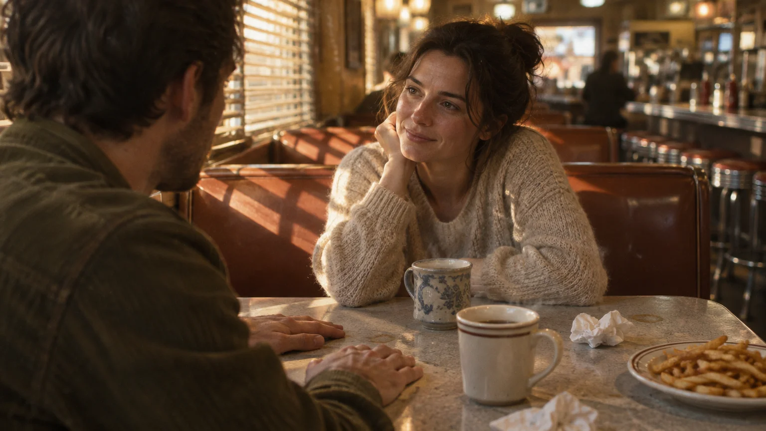 A man and woman sit across from each other in a diner booth with mugs of coffee and a plate of fries on the table.