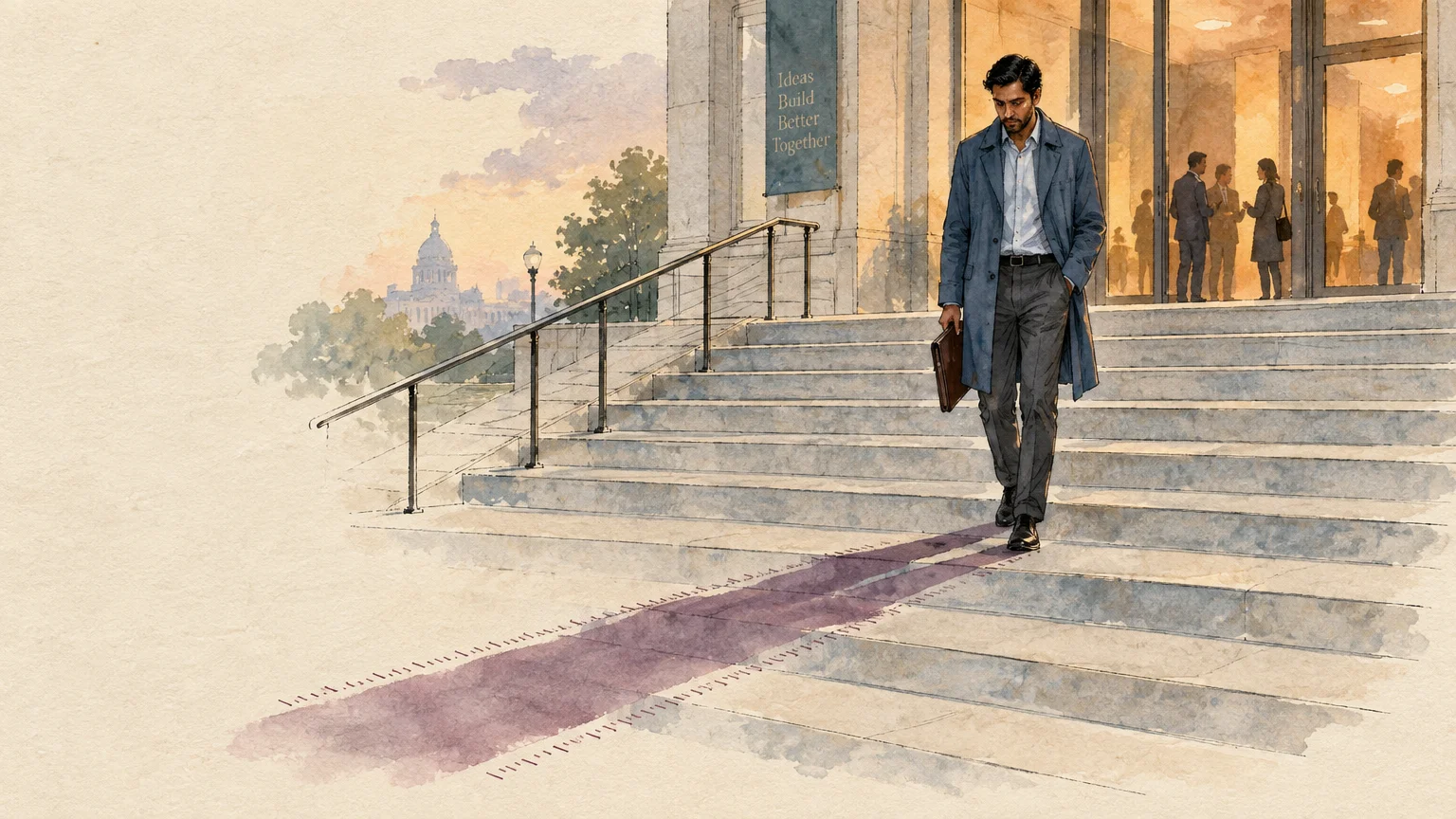 Watercolor illustration of a dejected man in a trench coat walking down stone stairs outside a brightly lit building.