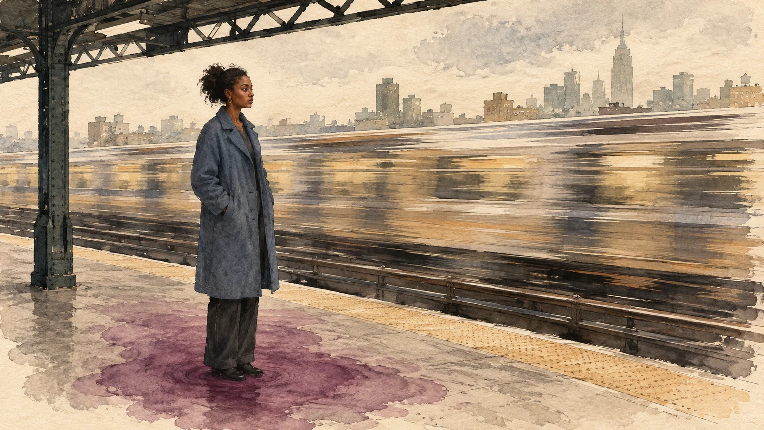 Watercolor illustration of a woman in a blue coat standing on an elevated train platform as a blurred train speeds by.