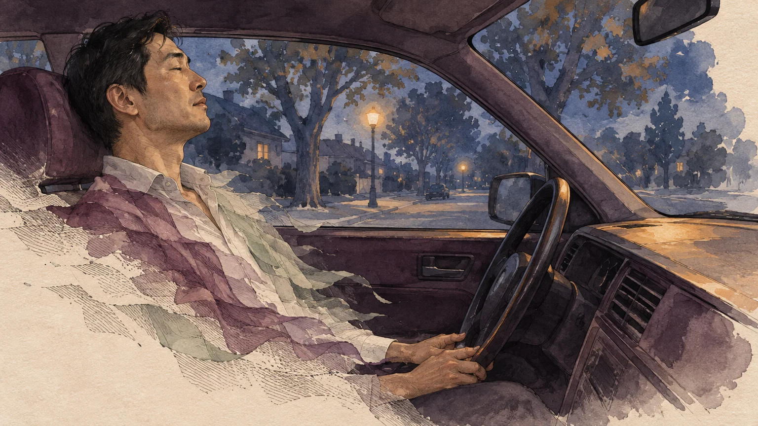 Watercolor illustration of a tired man resting with eyes closed behind the steering wheel of a parked car at dusk.