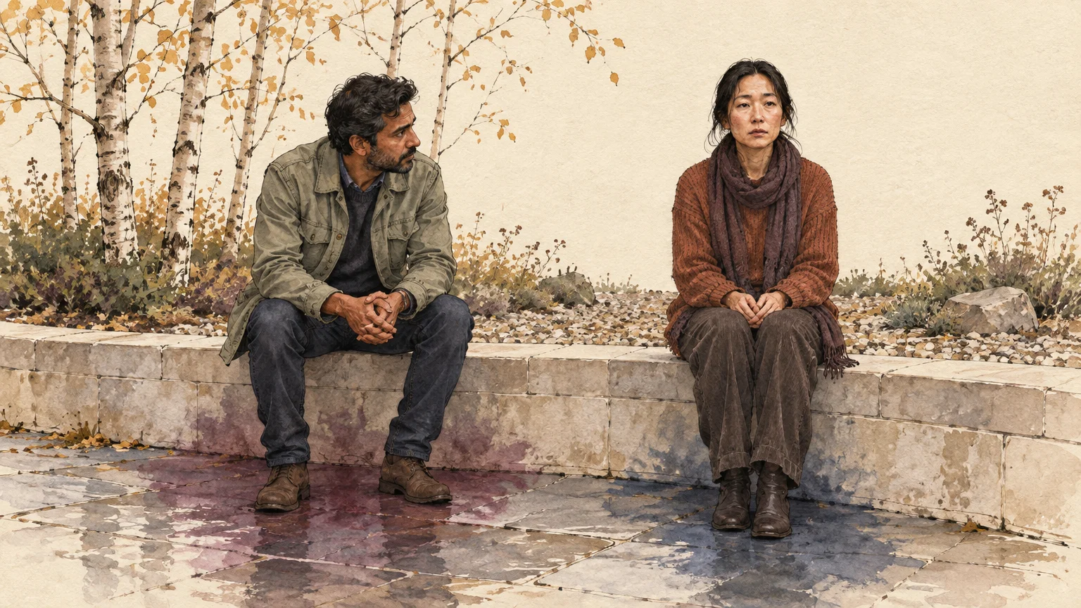 Illustration of a man and woman sitting apart on a stone ledge outdoors, looking somber with autumn trees behind them.