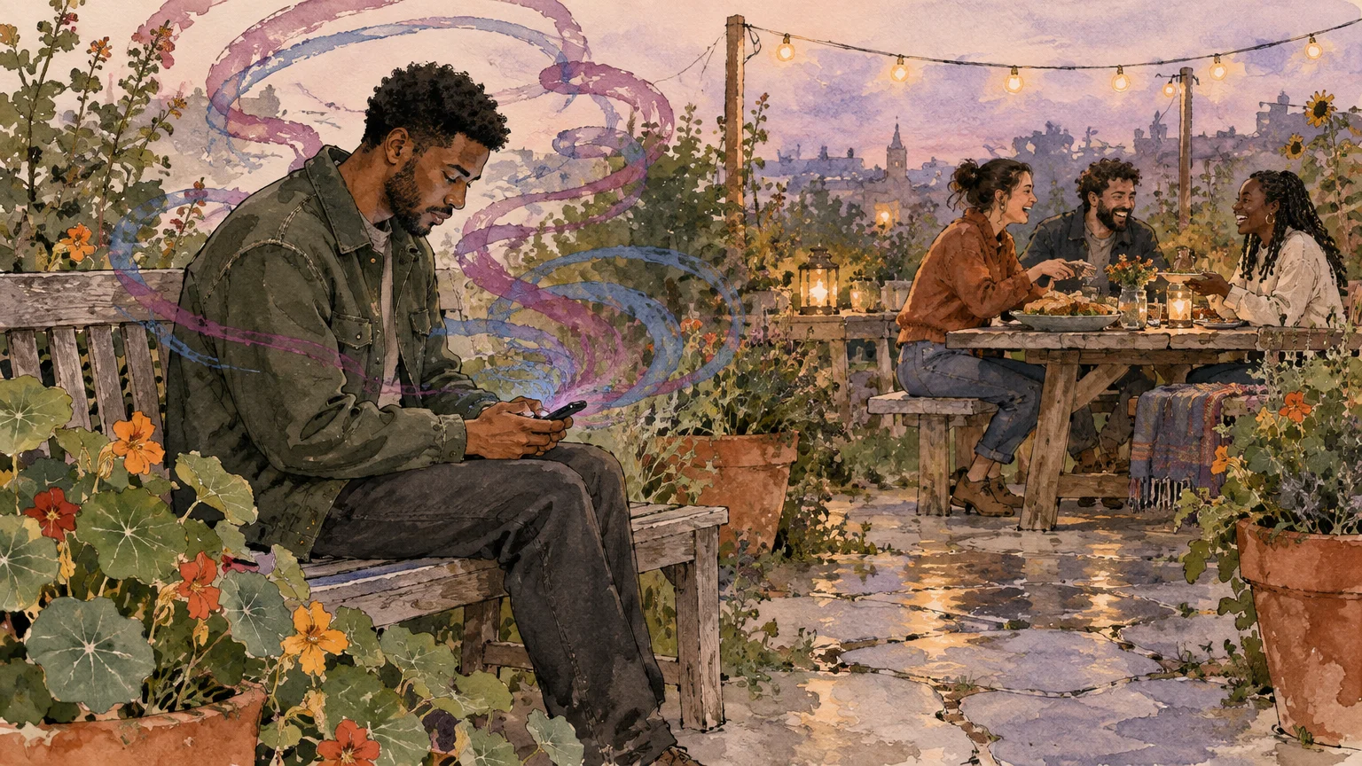 Watercolor illustration of a man absorbed in his glowing phone while three friends laugh together at an outdoor table.