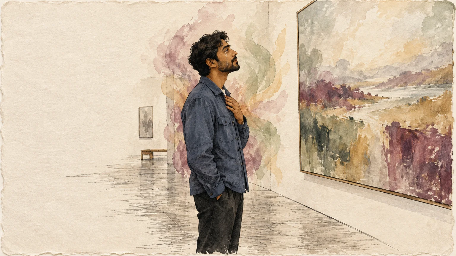 Illustration of a bearded man crying as he gazes at a watercolor landscape painting in an art gallery.
