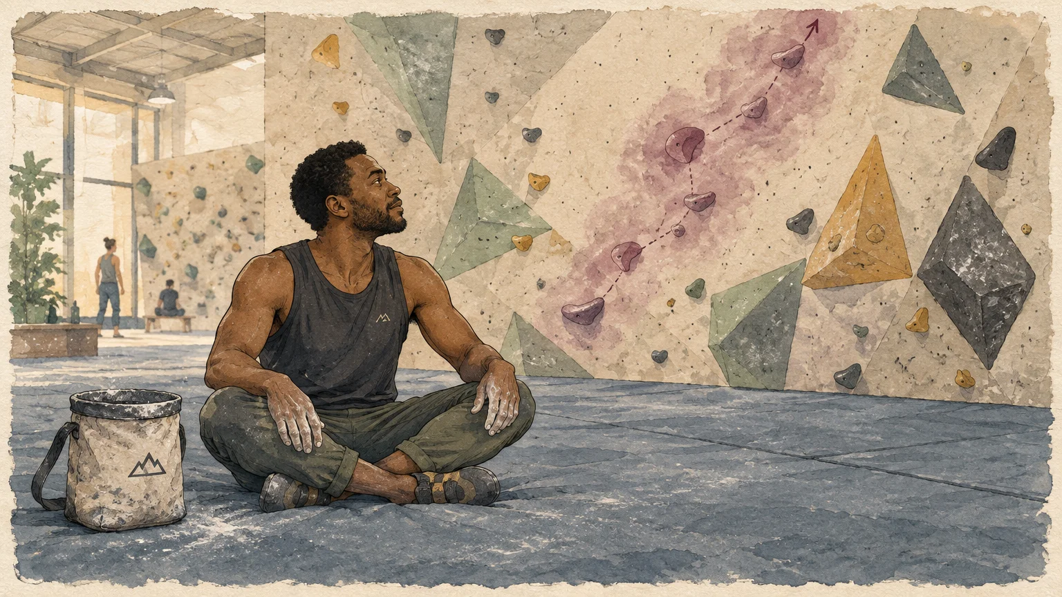 Illustration of a man sitting cross-legged on a bouldering gym floor, looking up at holds mapped out on a climbing wall.