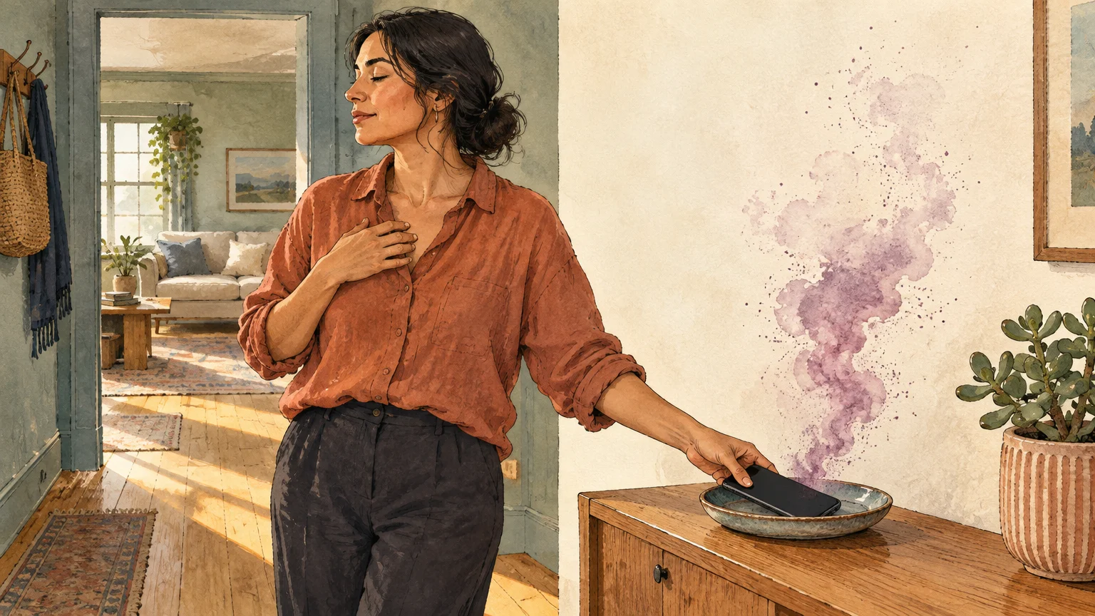 Illustration of a woman placing her smartphone in a dish, releasing purple smoke, inside a sunlit home entryway.