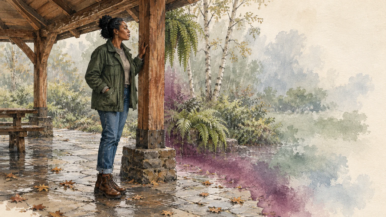 Watercolor illustration of a woman in an olive jacket standing beneath a wooden shelter, looking out into the rain.