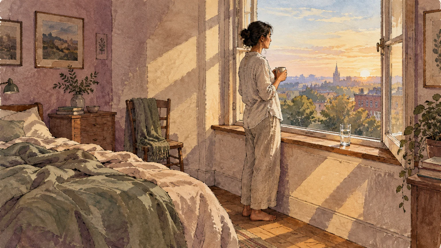 Watercolor illustration of a woman in pajamas standing by an open bedroom window, holding a mug and watching the sunrise.