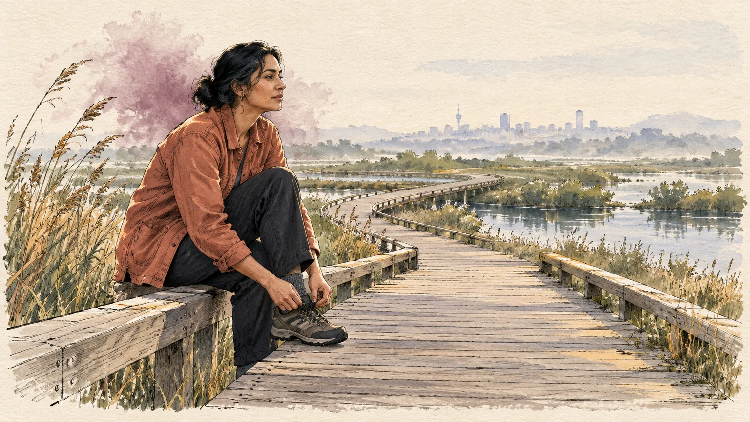 Woman sitting on a wooden wetland boardwalk, tying her shoe with a distant city skyline across the water.