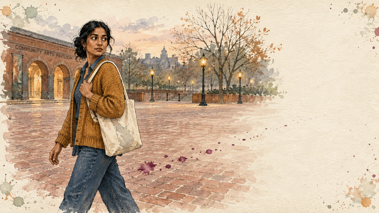 Watercolor illustration of a young woman walking across a brick plaza near an arts pavilion at dusk, looking over her shoulder.