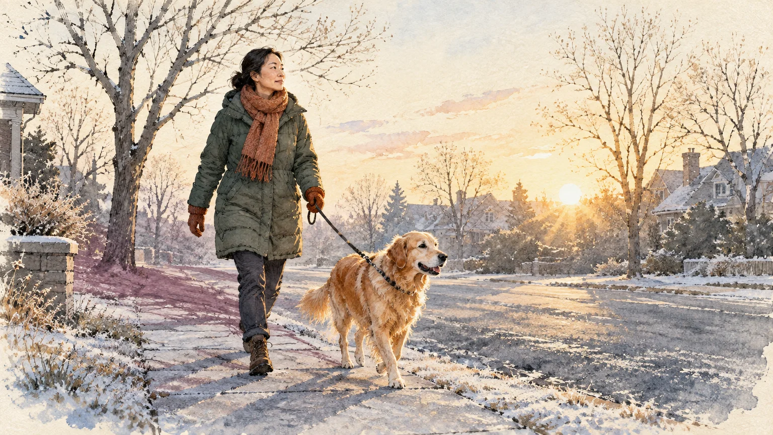 A woman in a winter coat walks a golden retriever along a snowy suburban sidewalk bathed in low morning sunlight.