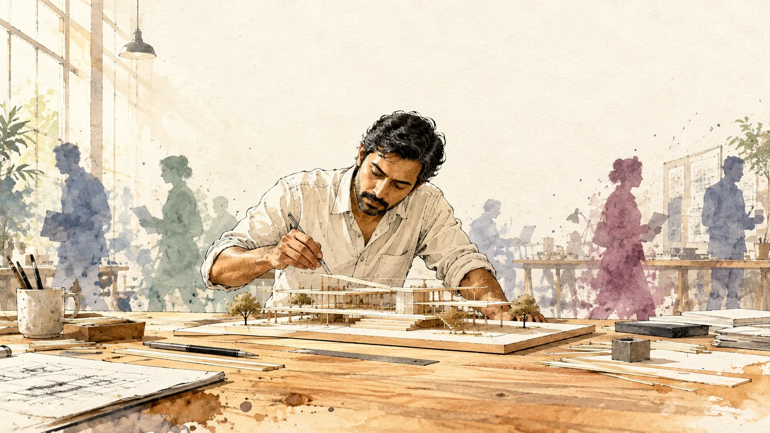 Illustration of an architect building a detailed scale model at a wooden desk while coworkers blur in the background.