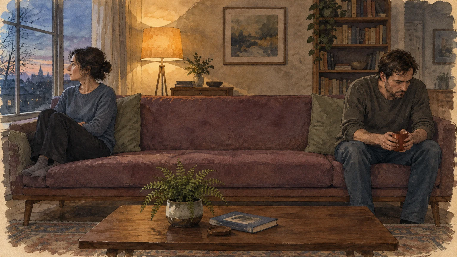 Illustration of a woman and man sitting silently at opposite ends of a long couch in a living room.